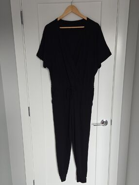 Black Wrap-Front Short-Sleeve Jumpsuit with Waist Tie